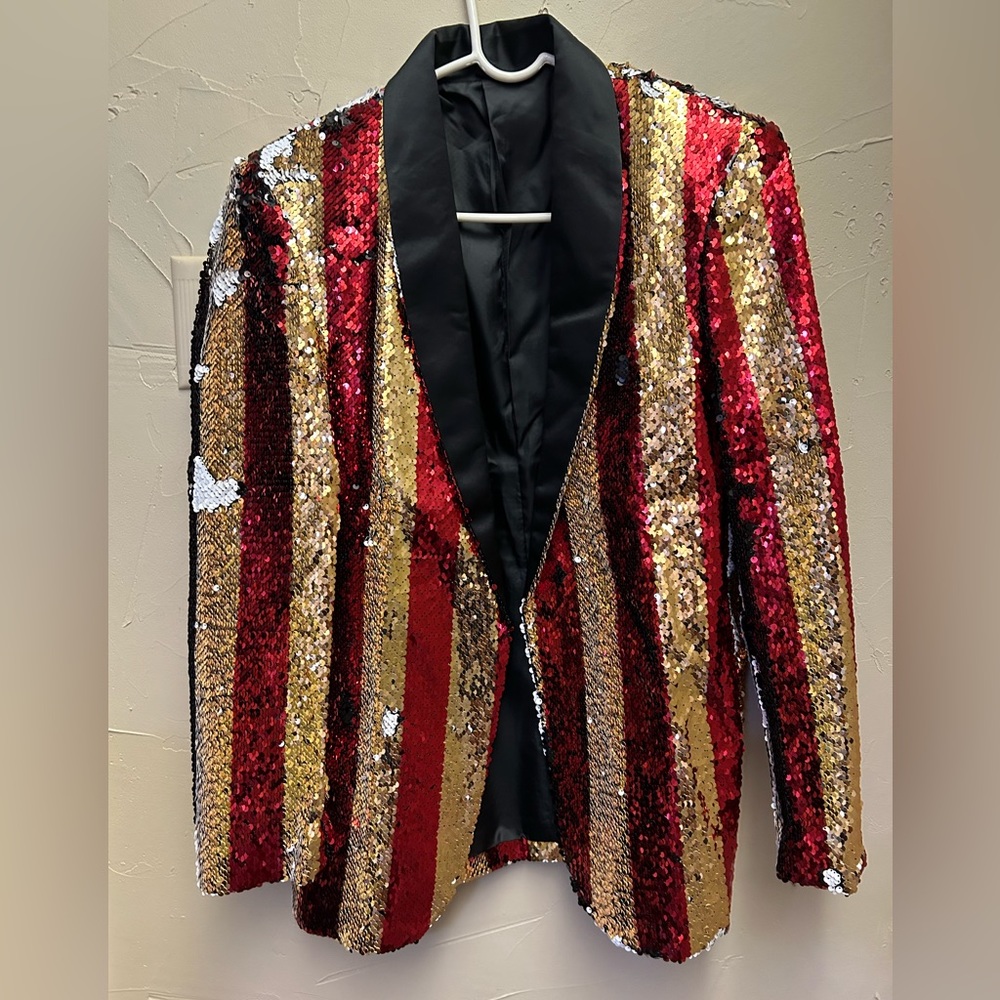 Red, gold, black, white sequin blazer